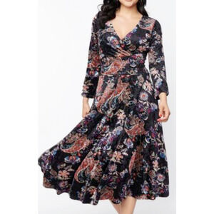 UNIQUE VINTAGE 5X 26 Plus black floral stretch velvet winter midi dress NWT b166